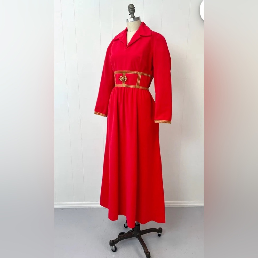 Vintage Evelyn Pearson Elegant Red Velvet Maxi Dress Holiday Party